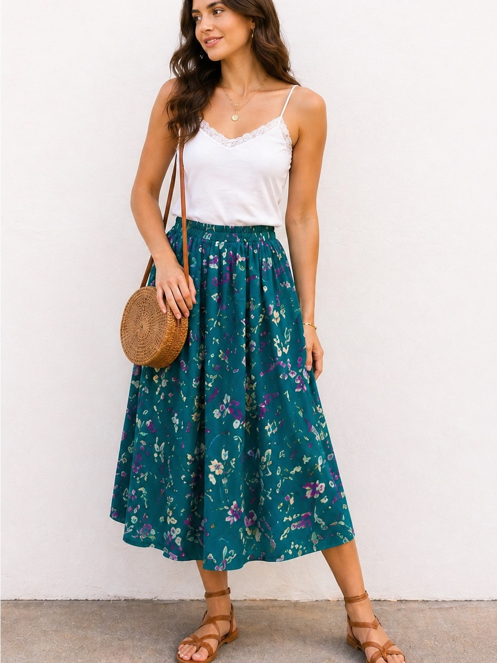 Leslie Fay Floral Midi Skirt Teal Green Vintage Flowy Cottagecore Skirt Size 10